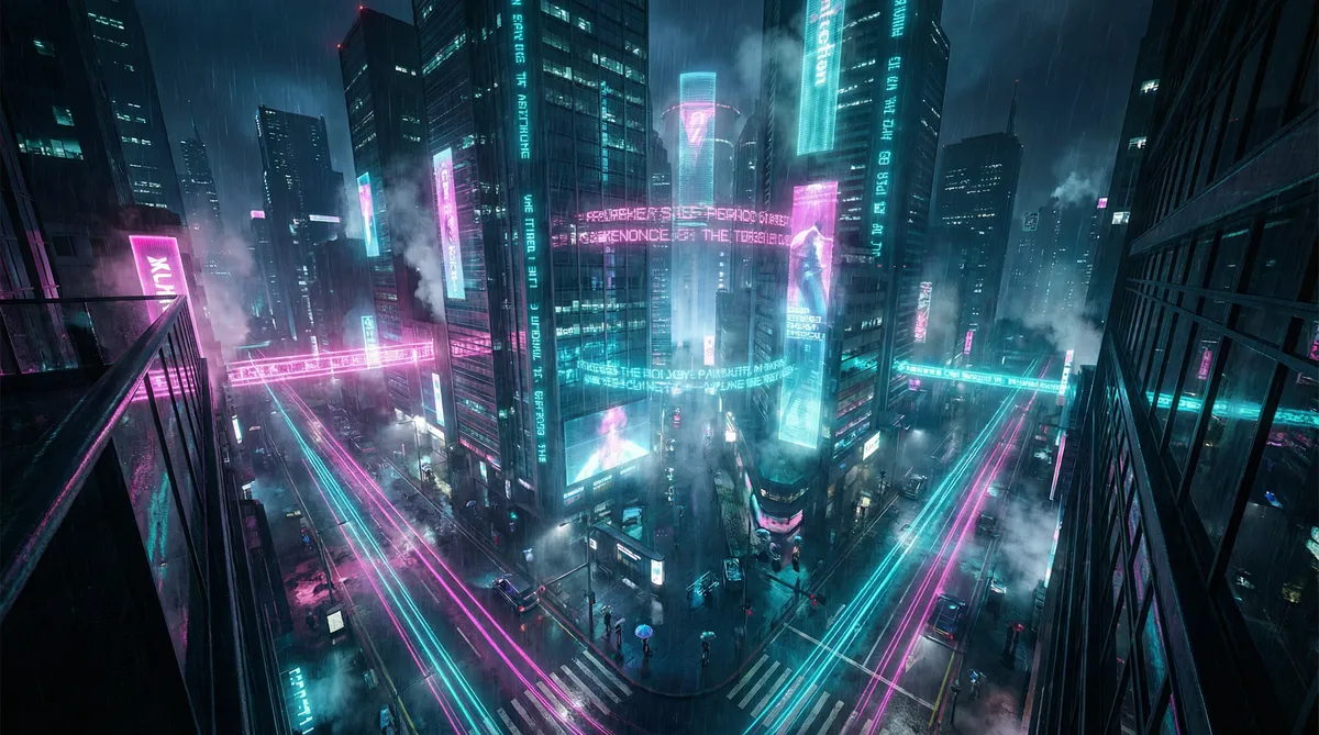 2012中文字幕一页 竖屏短剧平台首页背景 - 赛博朋克都市夜景
